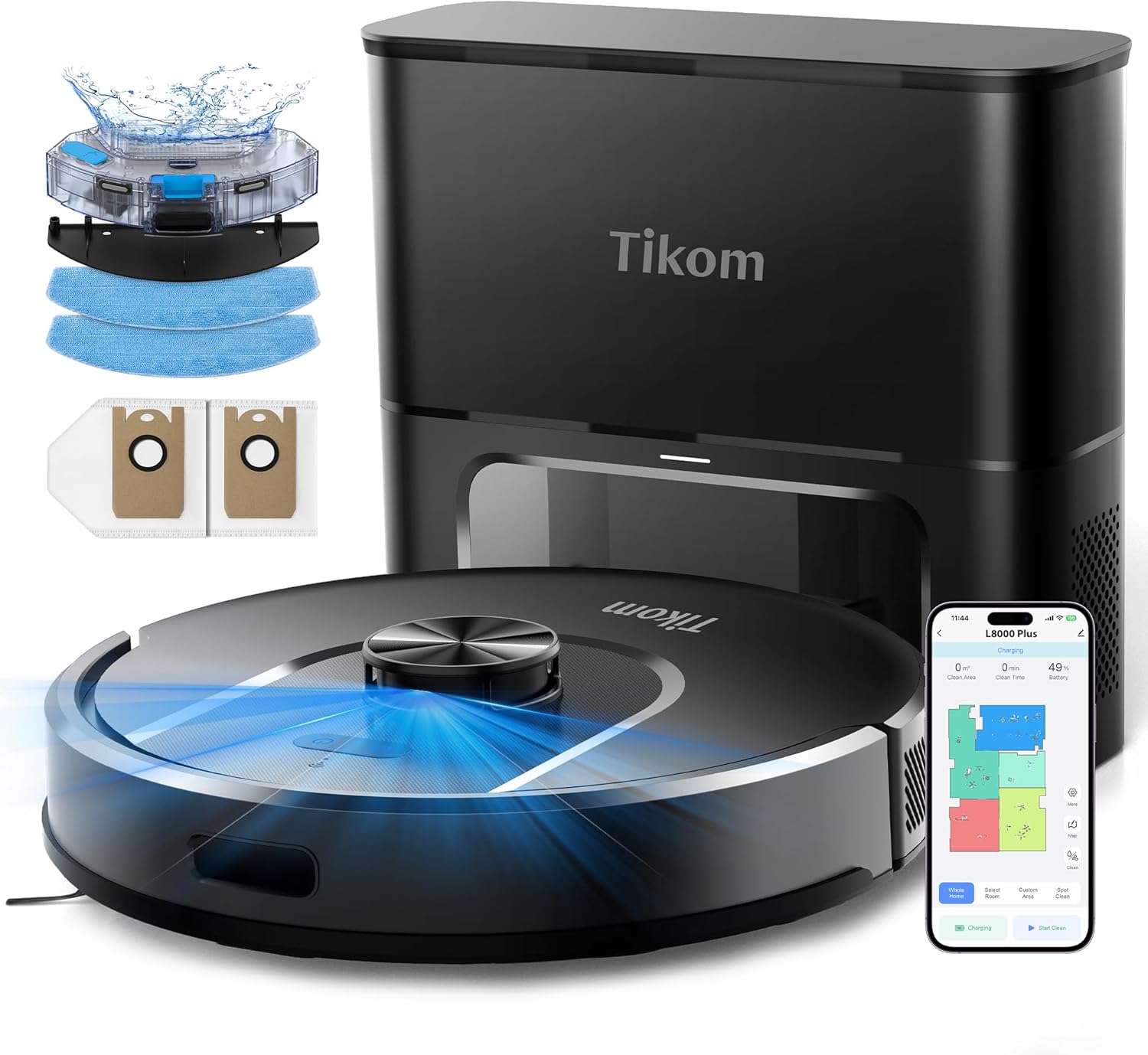 Tikom Robot Vacuum and Mop, 6000Pa Robotic Vacuum Cleaner with Self-Emptying