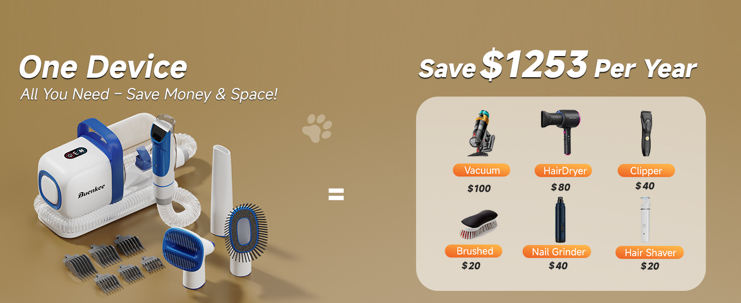 buenkee Dog Grooming Kit with Vacuum, 15000Pa Pet Hair Clipper and Shedding Brush, 50dB Low Noise, 2L Capacity, White detail 7
