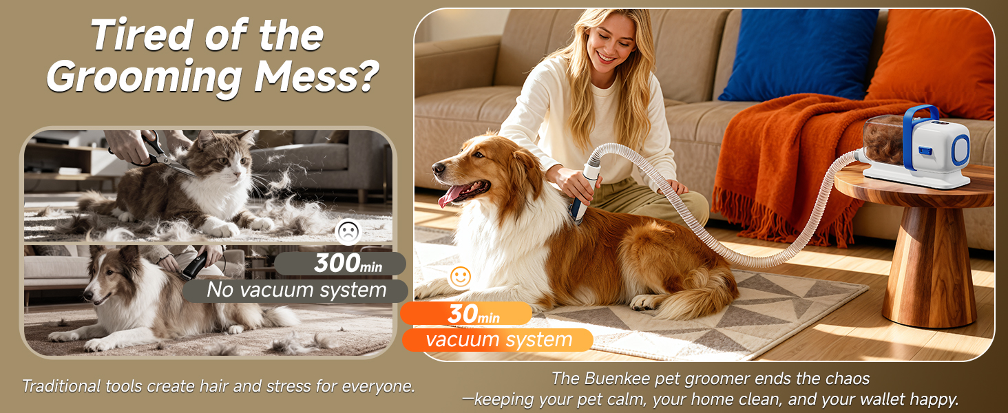 buenkee Dog Grooming Kit with Vacuum, 15000Pa Pet Hair Clipper and Shedding Brush, 50dB Low Noise, 2L Capacity, White detail 14