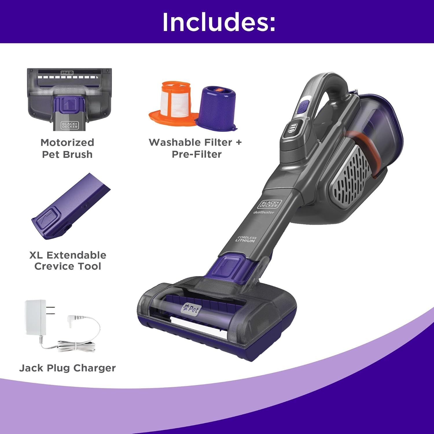 BLACK+DECKER dustbuster furbuster Pet Hair Vacuum with Motorized Pet Hair Brush, Handheld Vacuum Cordless for Home and Car, Rechargeable, Portable, Powerful Suction, AdvancedClean (HHVK515JP07) detail 13