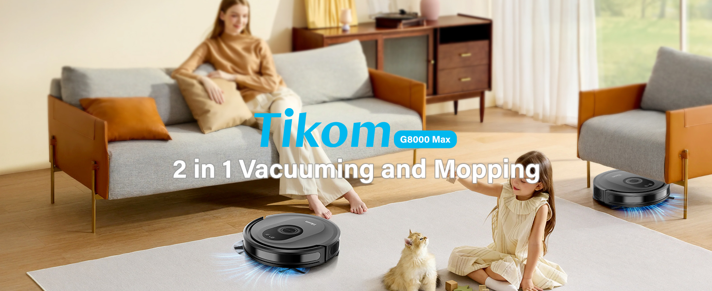 Tikom Robot Vacuum and Mop Combo, 5000Pa Robotic Vacuum Cleaner, 150 Min Max, App & Remote Control, Ideal for Hard Floor, Carpet, Pet Hair, Self-Charge(G8000 Max) detail 1