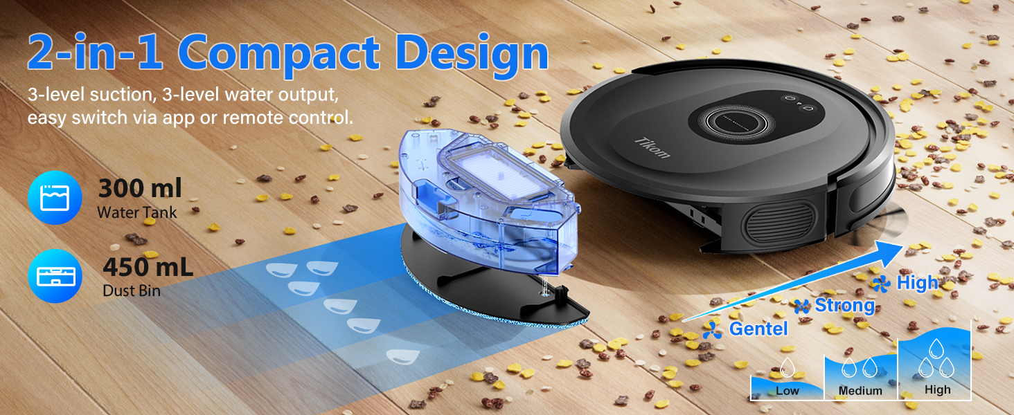 Tikom Robot Vacuum and Mop Combo, 5000Pa Robotic Vacuum Cleaner, 150 Min Max, App & Remote Control, Ideal for Hard Floor, Carpet, Pet Hair, Self-Charge(G8000 Max) detail 3