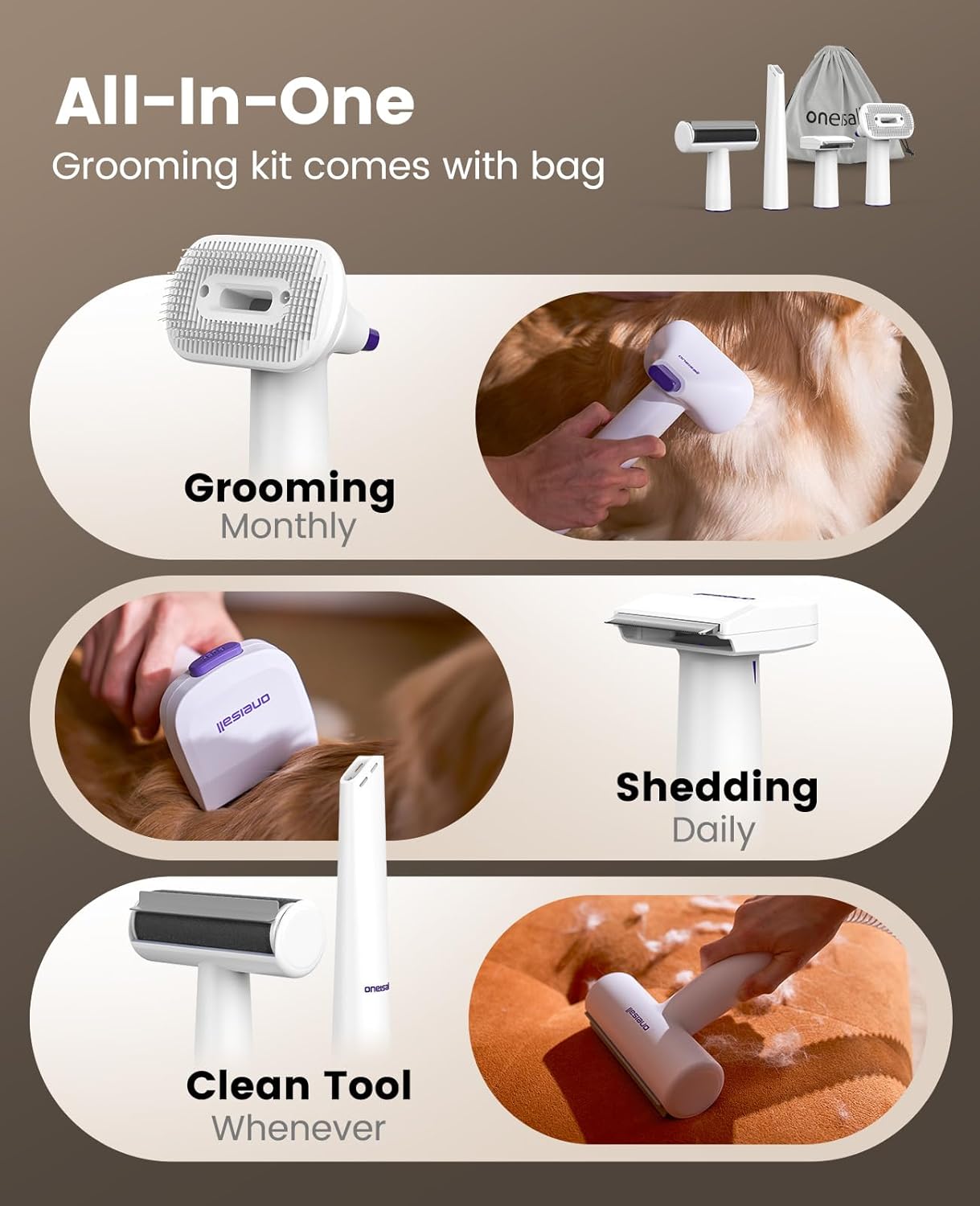 oneisall Dog Grooming Vacuum Kit: 15000Pa Shedding Brush with Grooming Tools, 3 Suction Low Noise, for Pet Thick and Undercoat, 1.5L Dust Cup, Dog Hair Vacuum, Home Cleaning, LM5 detail 11