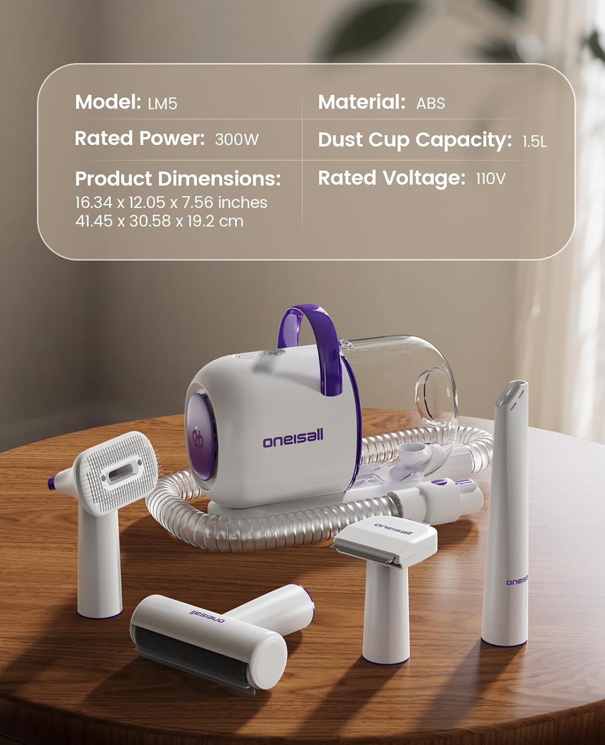 oneisall Dog Grooming Vacuum Kit: 15000Pa Shedding Brush with Grooming Tools, 3 Suction Low Noise, for Pet Thick and Undercoat, 1.5L Dust Cup, Dog Hair Vacuum, Home Cleaning, LM5 detail 16
