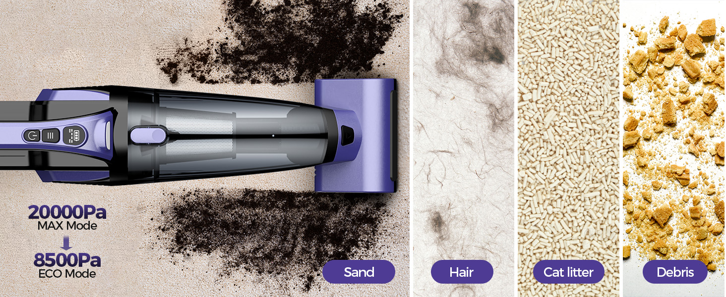 Pet Hair Handheld Vacuum Cordless: 20000PA High Power Car Vacuum with Motorized Brush and LED Light, Rechargeable Hand Held Vacuum Cleaner with Reusable Filter for Car, Home, Office & Pet, Purple detail 9