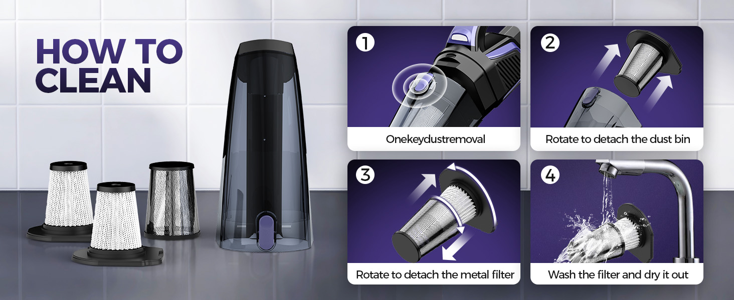 Pet Hair Handheld Vacuum Cordless: 20000PA High Power Car Vacuum with Motorized Brush and LED Light, Rechargeable Hand Held Vacuum Cleaner with Reusable Filter for Car, Home, Office & Pet, Purple detail 12