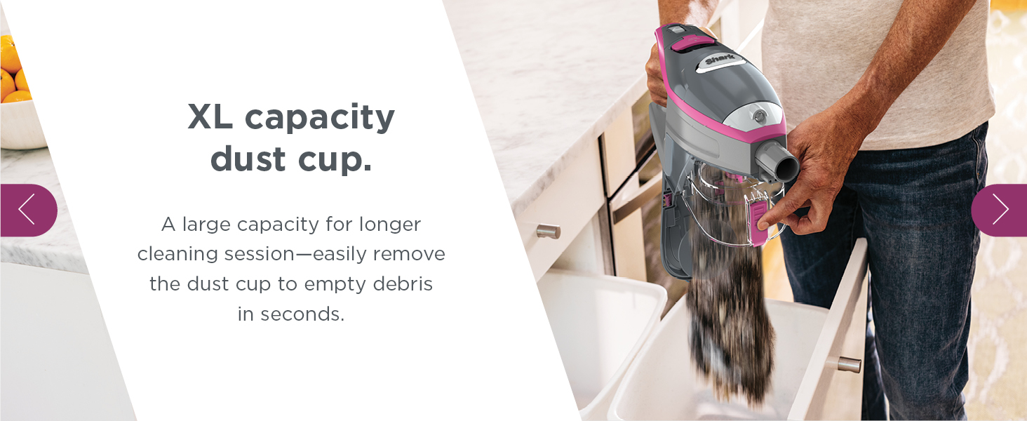 Shark HV371 Rocket Pro DLX Corded Stick, Removable Hand Vacuum, Advanced Swivel Steering, XL Cup, Crevice Tool, Upholstery Tool & Anti-Allergen Dust Brush, Fuchsia, Capacity detail 11