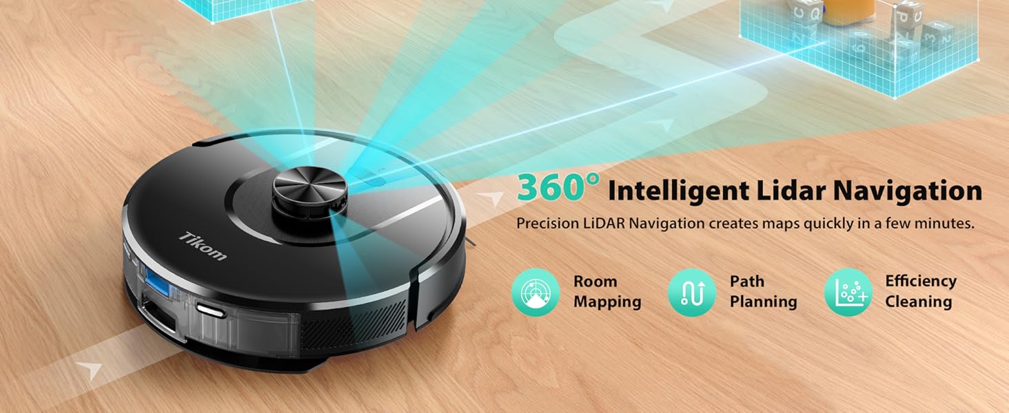 Tikom Robot Vacuum and Mop, 6000Pa Robotic Vacuum Cleaner with Self-Emptying Base, 90 Days Capacity, LiDAR Navigation, Home Mapping, Ideal for Pet Hair, Hard Floors, Carpet (L8000 Plus) detail 2