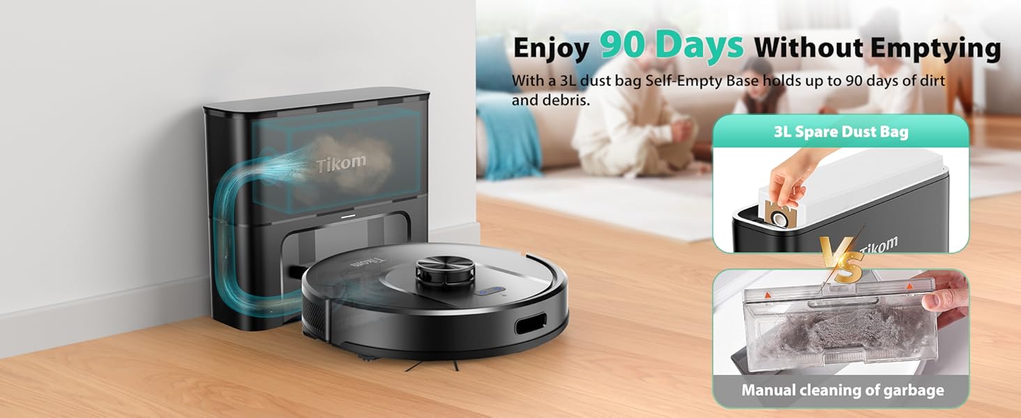 Tikom Robot Vacuum and Mop, 6000Pa Robotic Vacuum Cleaner with Self-Emptying Base, 90 Days Capacity, LiDAR Navigation, Home Mapping, Ideal for Pet Hair, Hard Floors, Carpet (L8000 Plus) detail 3