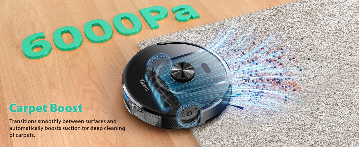 Tikom Robot Vacuum and Mop, 6000Pa Robotic Vacuum Cleaner with Self-Emptying Base, 90 Days Capacity, LiDAR Navigation, Home Mapping, Ideal for Pet Hair, Hard Floors, Carpet (L8000 Plus) detail 5