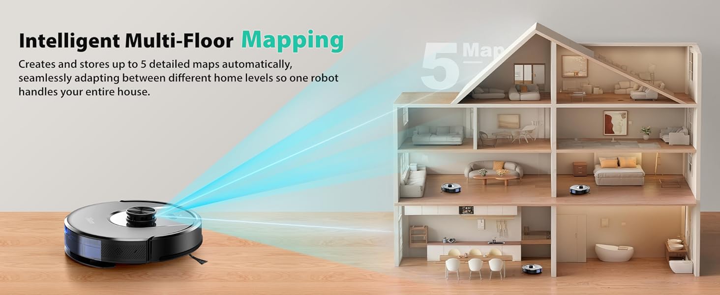 Tikom Robot Vacuum and Mop, 6000Pa Robotic Vacuum Cleaner with Self-Emptying Base, 90 Days Capacity, LiDAR Navigation, Home Mapping, Ideal for Pet Hair, Hard Floors, Carpet (L8000 Plus) detail 7