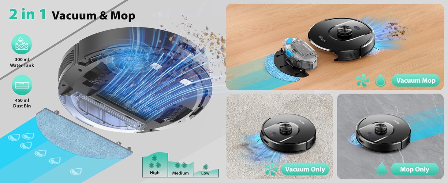 Tikom Robot Vacuum and Mop, 6000Pa Robotic Vacuum Cleaner with Self-Emptying Base, 90 Days Capacity, LiDAR Navigation, Home Mapping, Ideal for Pet Hair, Hard Floors, Carpet (L8000 Plus) detail 9