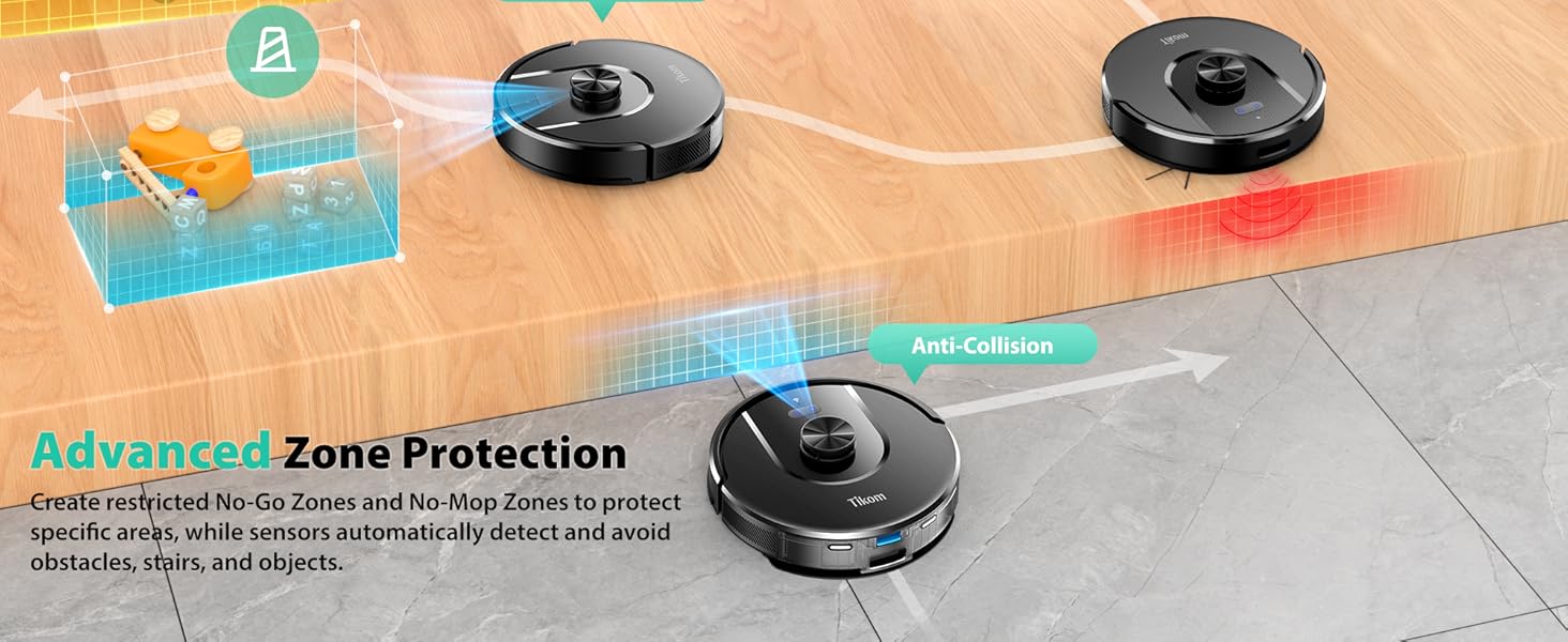 Tikom Robot Vacuum and Mop, 6000Pa Robotic Vacuum Cleaner with Self-Emptying Base, 90 Days Capacity, LiDAR Navigation, Home Mapping, Ideal for Pet Hair, Hard Floors, Carpet (L8000 Plus) detail 11
