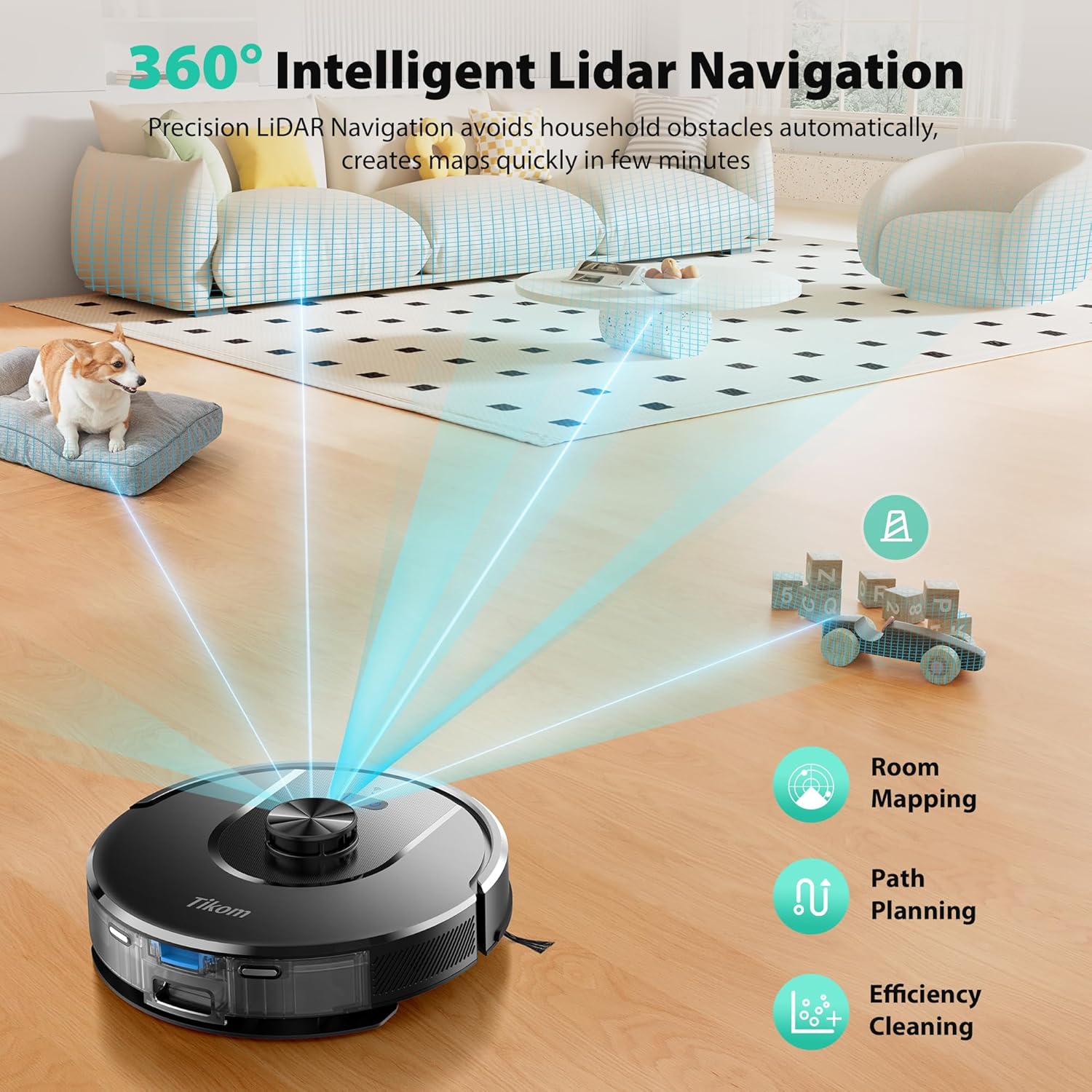 Tikom Robot Vacuum and Mop, 6000Pa Robotic Vacuum Cleaner with Self-Emptying Base, 90 Days Capacity, LiDAR Navigation, Home Mapping, Ideal for Pet Hair, Hard Floors, Carpet (L8000 Plus) detail 16