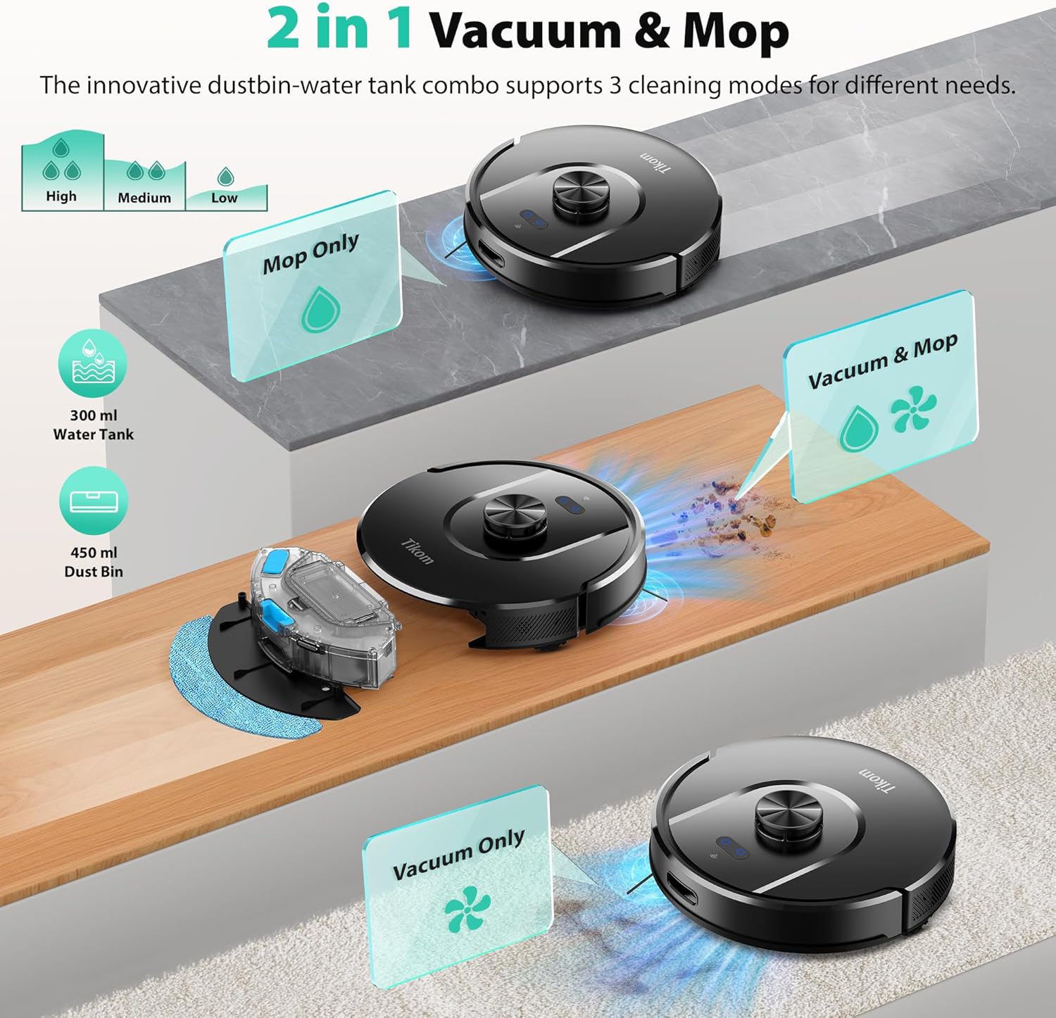 Tikom Robot Vacuum and Mop, 6000Pa Robotic Vacuum Cleaner with Self-Emptying Base, 90 Days Capacity, LiDAR Navigation, Home Mapping, Ideal for Pet Hair, Hard Floors, Carpet (L8000 Plus) detail 18