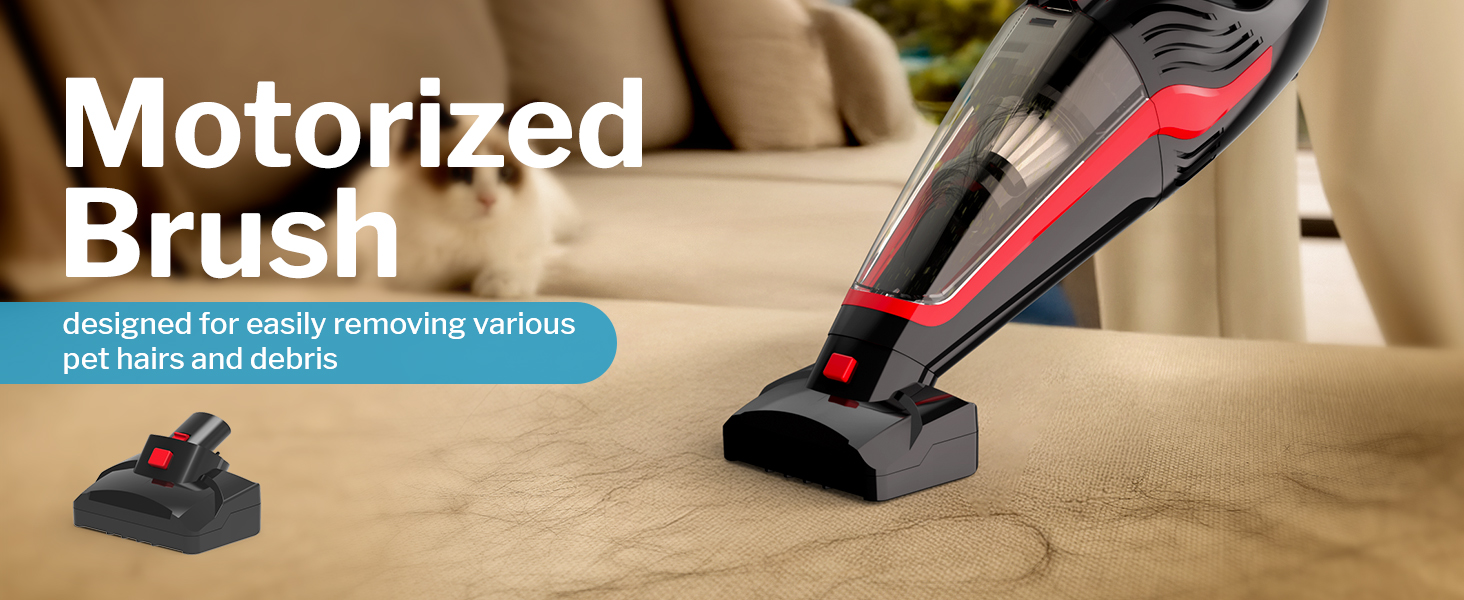 Powools Pet Hair Handheld Vacuum Cordless, Car Vacuum Rechargeable with Reusable Filters, Motorized Brush and Multi-Accessories for Carpet, Couch & Stairs, Red, 17.0"X 4.6"X 6.6" detail 2
