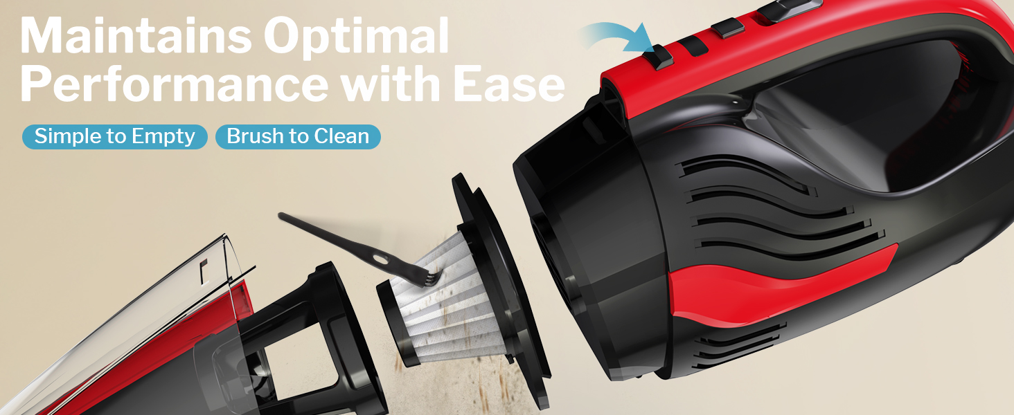 Powools Pet Hair Handheld Vacuum Cordless, Car Vacuum Rechargeable with Reusable Filters, Motorized Brush and Multi-Accessories for Carpet, Couch & Stairs, Red, 17.0"X 4.6"X 6.6" detail 7