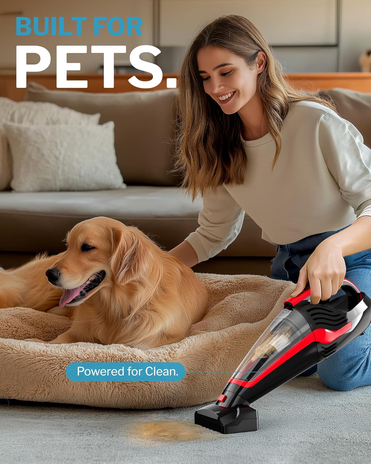 Powools Pet Hair Handheld Vacuum Cordless, Car Vacuum Rechargeable with Reusable Filters, Motorized Brush and Multi-Accessories for Carpet, Couch & Stairs, Red, 17.0"X 4.6"X 6.6" detail 10
