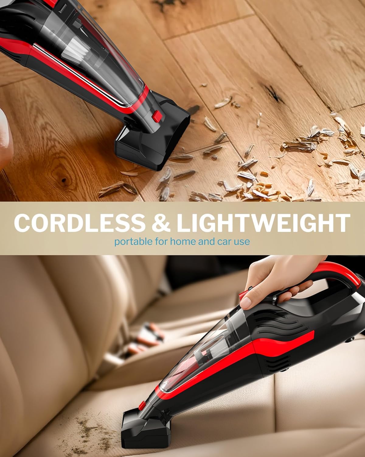 Powools Pet Hair Handheld Vacuum Cordless, Car Vacuum Rechargeable with Reusable Filters, Motorized Brush and Multi-Accessories for Carpet, Couch & Stairs, Red, 17.0"X 4.6"X 6.6" detail 13