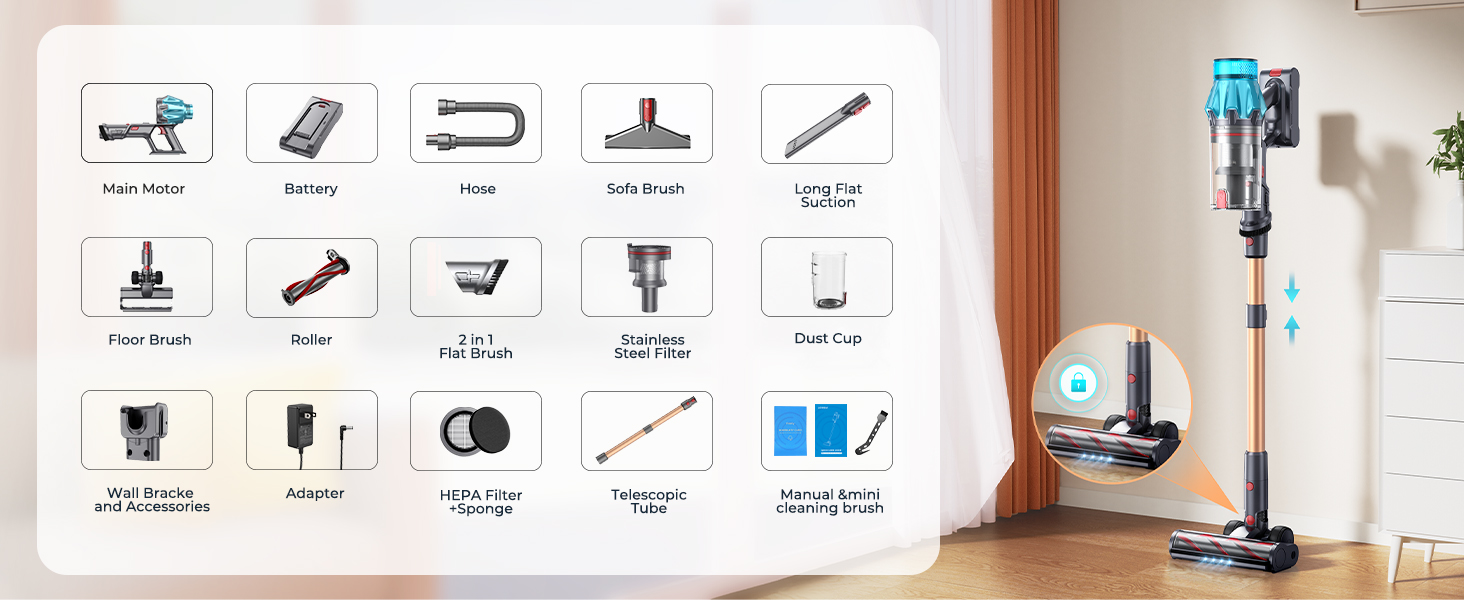 Cordless Vacuum Cleaner 650W/55Kpa, Stick Vacuum Cleaners 70 Mins Max Runtime with Charging Dock, Self-Standing Handheld Vacuum with Touch Display, 6-in-1 Vacuum Cleaner for Carpet/Hard Floor/Pet Hair detail 13