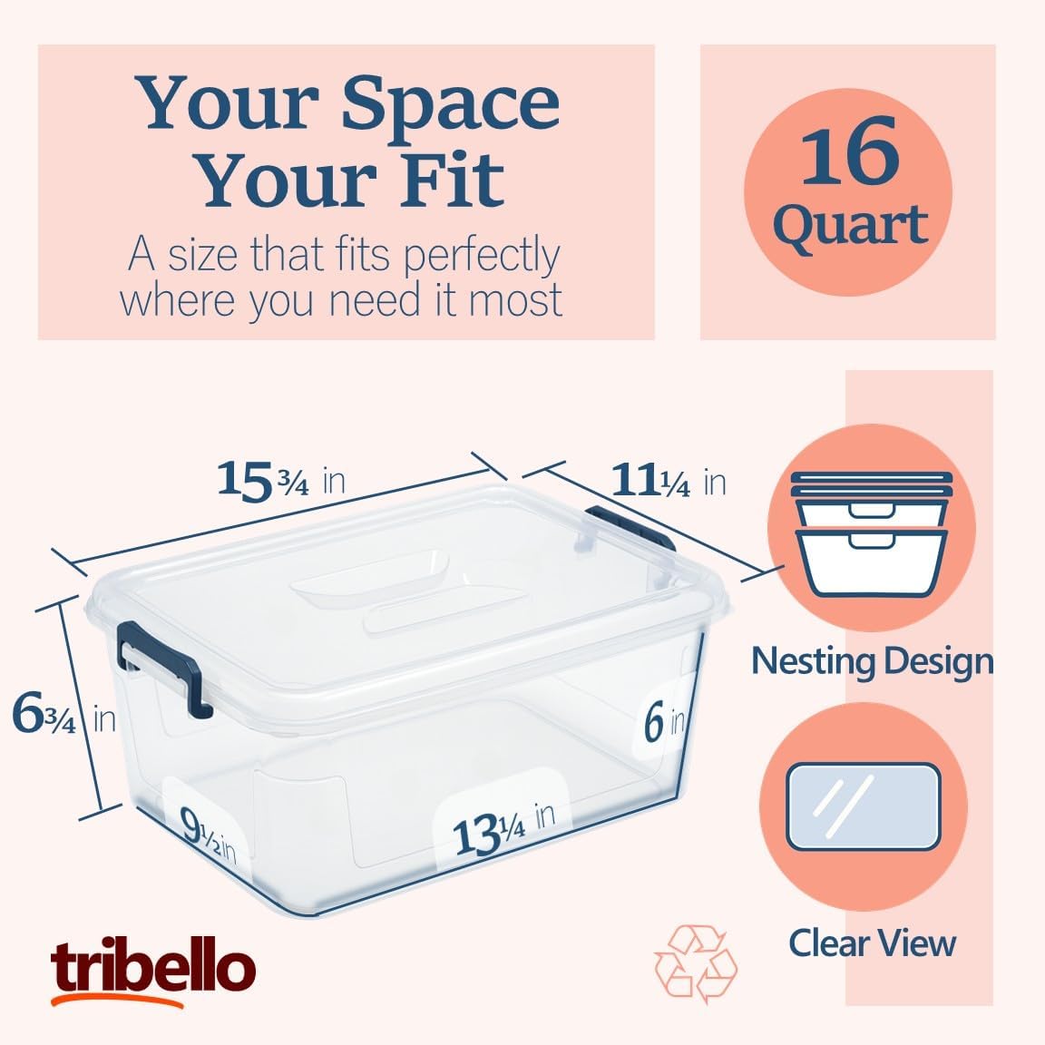 Tribello Plastic Storage Bins with Lids, Clear Stackable Storage Containers - - View 3