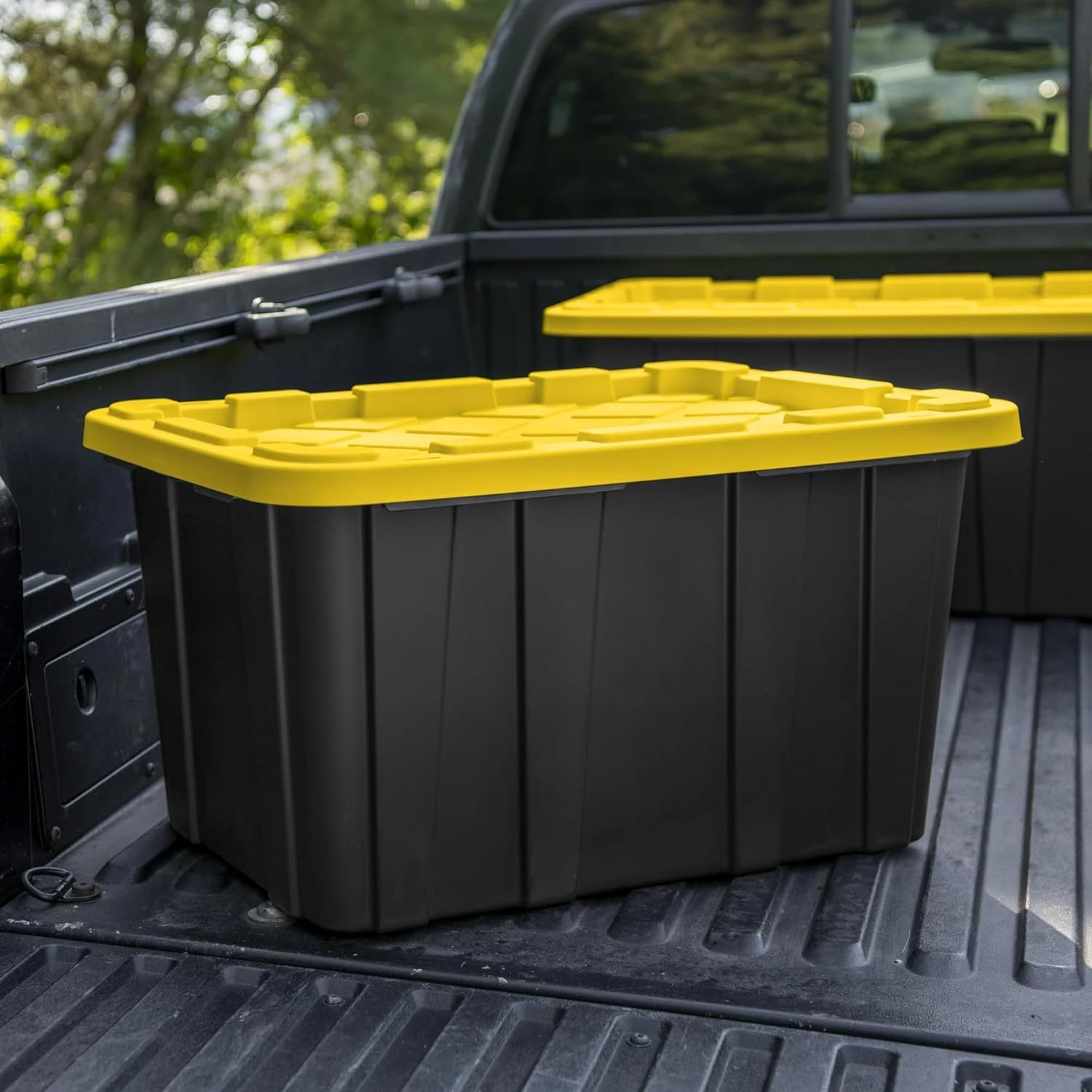 6-Pack 27-Gallon Industrial Totes - Rugged Black & Yellow Plastic Storage Bins - View 6