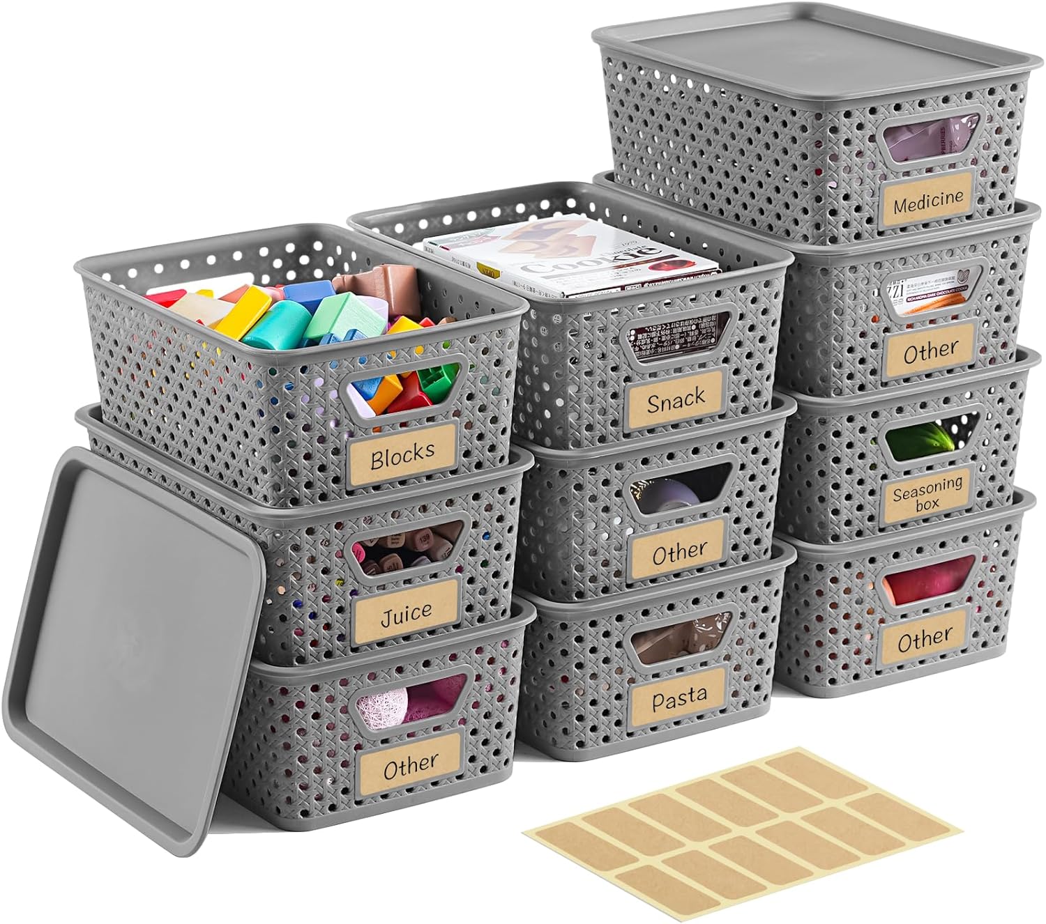 10 Pack Small Plastic Storage Bins with Lids, Stackable Plastic Storage Baskets