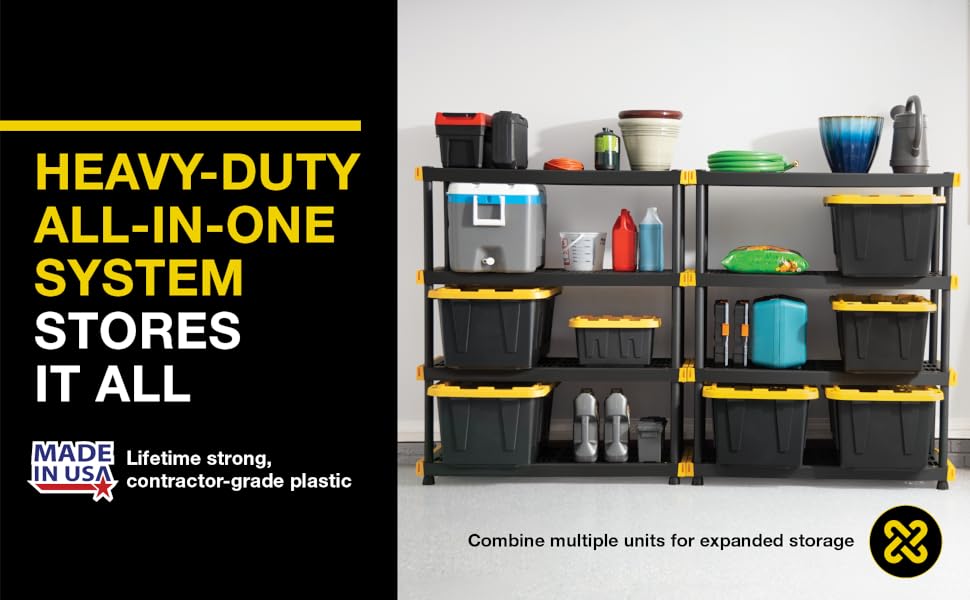 CX Black & Yellow 4-Tier Heavy Duty Storage Shelves and 8 Heavy Duty Storage Bins with Lids, 4 Shelves that Support up to 200lbs/shelf + 27 Gallon Containers (8-Pack), Organization and Storage detail 2