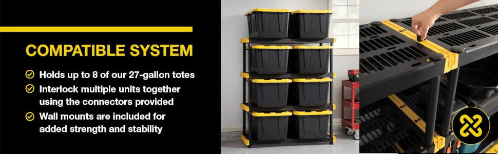 CX Black & Yellow 4-Tier Heavy Duty Storage Shelves and 8 Heavy Duty Storage Bins with Lids, 4 Shelves that Support up to 200lbs/shelf + 27 Gallon Containers (8-Pack), Organization and Storage detail 6