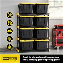 CX Black & Yellow 4-Tier Heavy Duty Storage Shelves and 8 Heavy Duty Storage Bins with Lids, 4 Shelves that Support up to 200lbs/shelf + 27 Gallon Containers (8-Pack), Organization and Storage detail 12