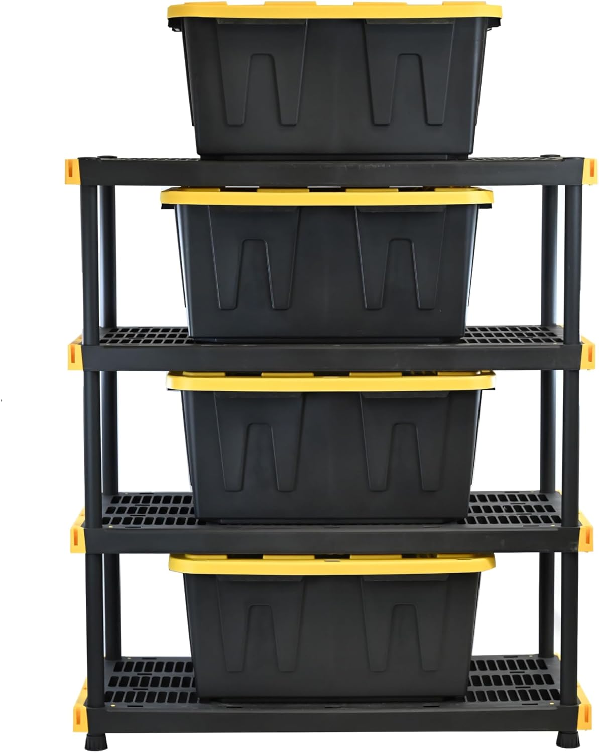 CX Black & Yellow 4-Tier Heavy Duty Storage Shelves and 8 Heavy Duty Storage Bins with Lids, 4 Shelves that Support up to 200lbs/shelf + 27 Gallon Containers (8-Pack), Organization and Storage detail 16
