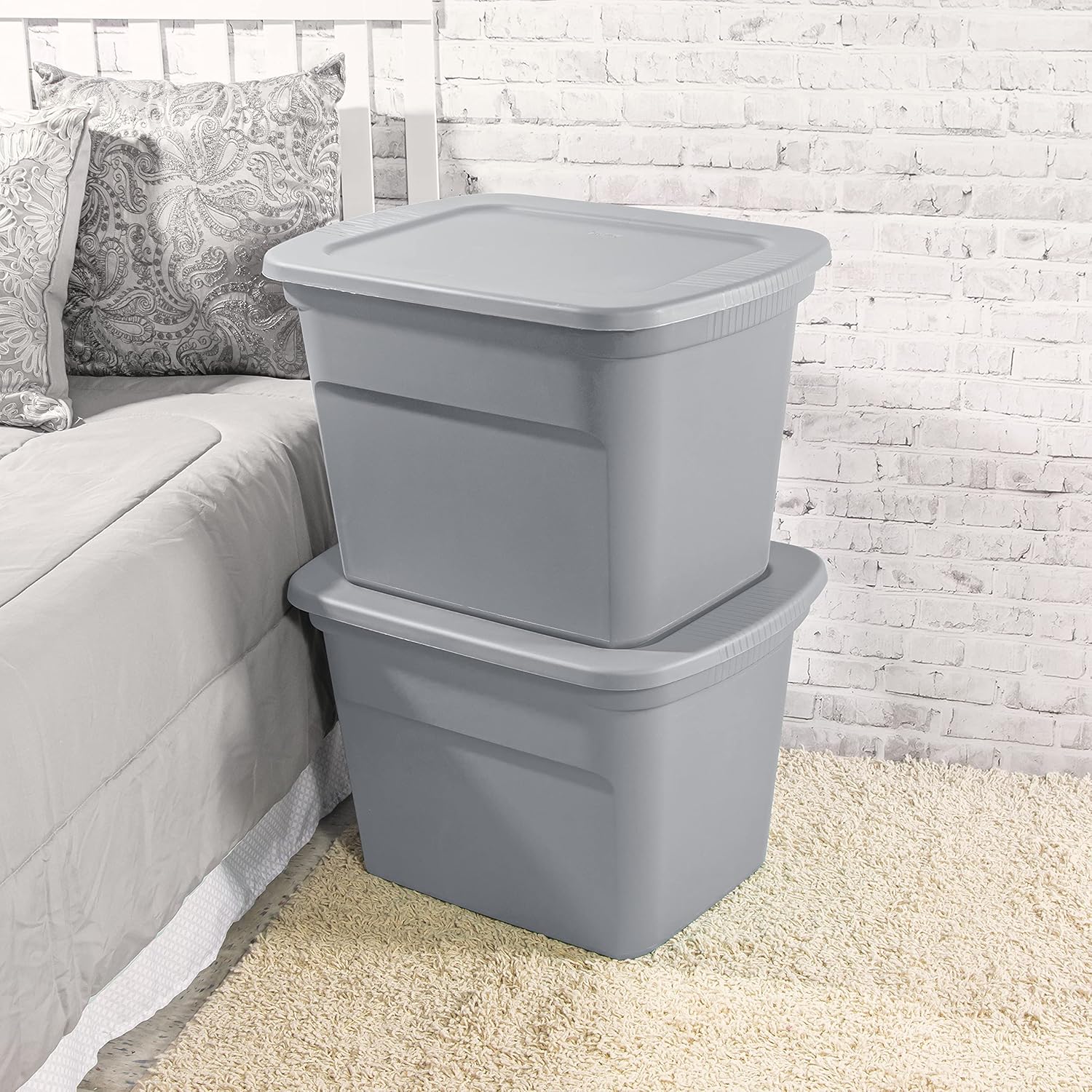 Sterilite 18 Gal Storage Tote, Stackable Bin with Lid, Plastic Container to Organize Clothes in Closet, Basement, Gray Base and Lid, 8-Pack detail 8