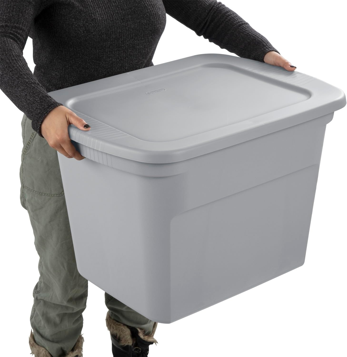 Sterilite 18 Gal Storage Tote, Stackable Bin with Lid, Plastic Container to Organize Clothes in Closet, Basement, Gray Base and Lid, 8-Pack detail 11