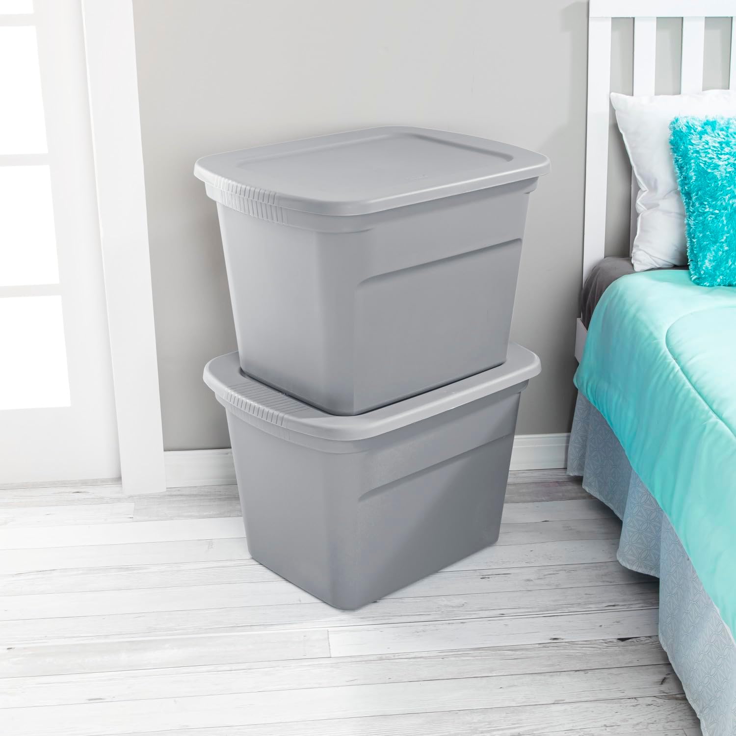Sterilite 18 Gal Storage Tote, Stackable Bin with Lid, Plastic Container to Organize Clothes in Closet, Basement, Gray Base and Lid, 8-Pack detail 12