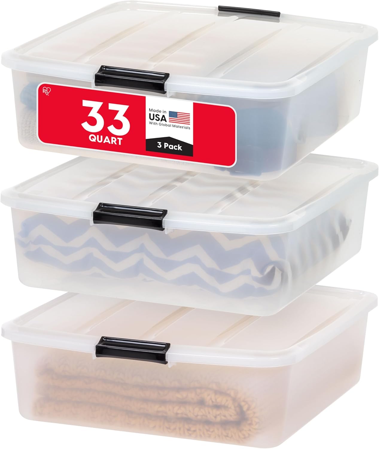 IRIS USA 33 Qt Plastic Under Bed Storage Organizer Bin Container with Secure Lids and Durable Black Buckles, Multi-Purpose for Clothes, Shoes, Clothing, and Bedding, Short, Clear, 3 Pack detail 9