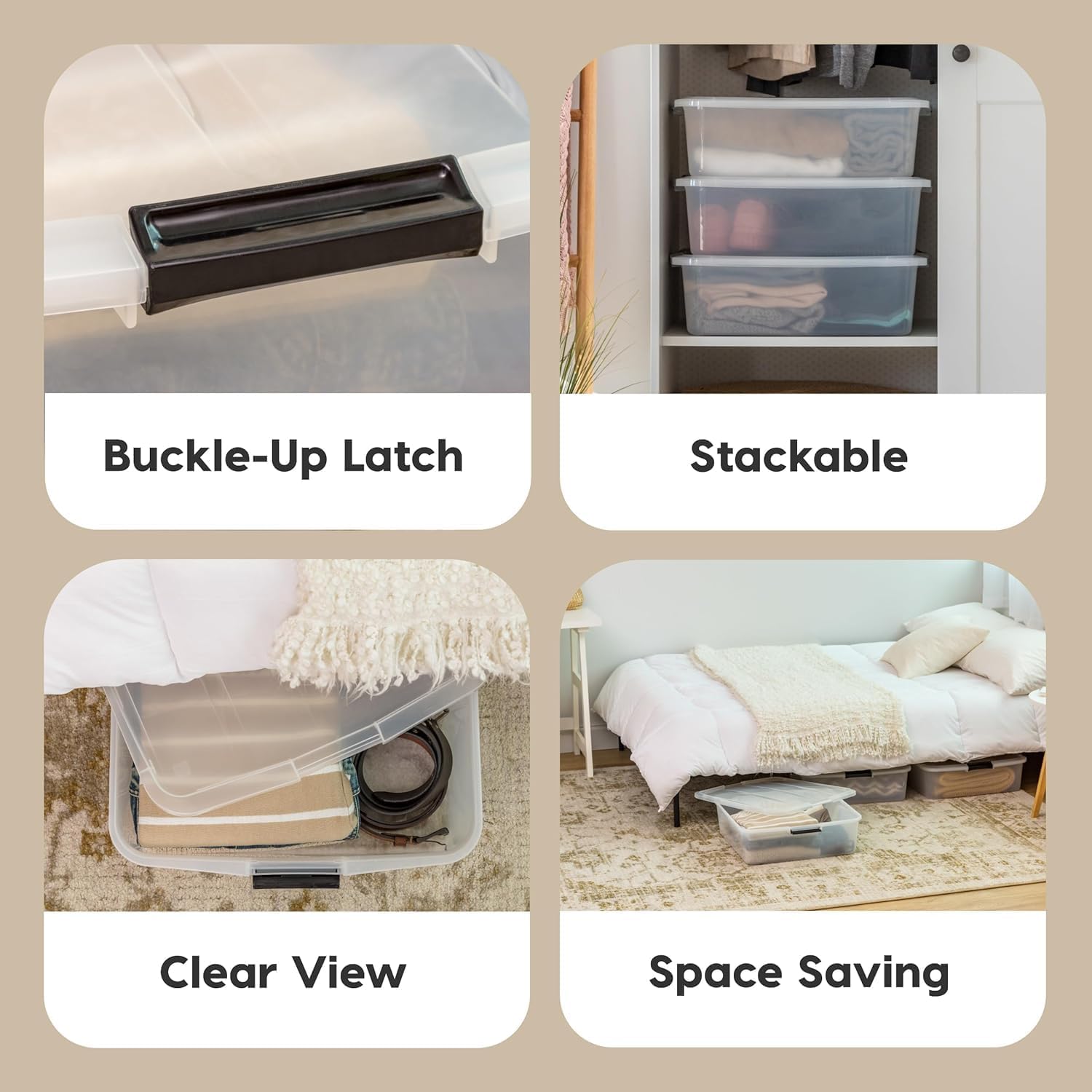 IRIS USA 33 Qt Plastic Under Bed Storage Organizer Bin Container with Secure Lids and Durable Black Buckles, Multi-Purpose for Clothes, Shoes, Clothing, and Bedding, Short, Clear, 3 Pack detail 13