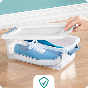 Sterilite 6 Qt Latching Storage Box, Stackable Bin with Latch Lid, Plastic Container to Organize Shoes on Closet Shelf, Clear with White Lid, 12-Pack detail 3