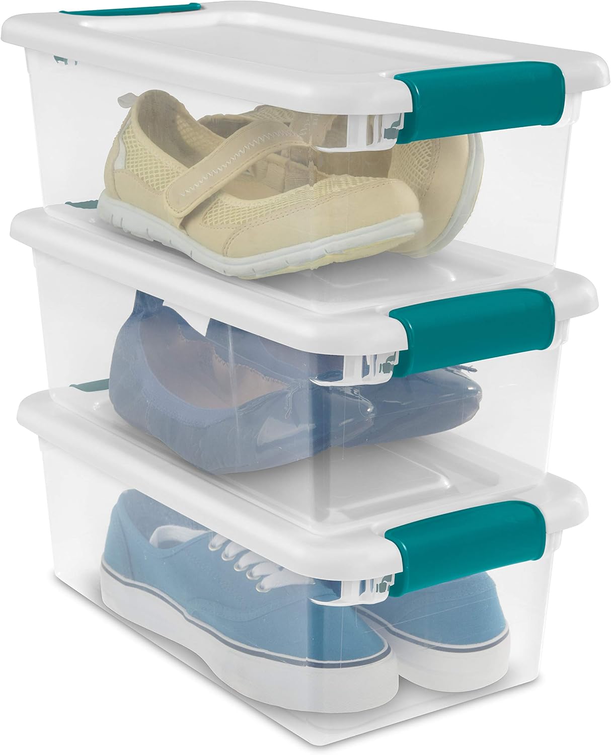 Sterilite 6 Qt Latching Storage Box, Stackable Bin with Latch Lid, Plastic Container to Organize Shoes on Closet Shelf, Clear with White Lid, 12-Pack detail 14
