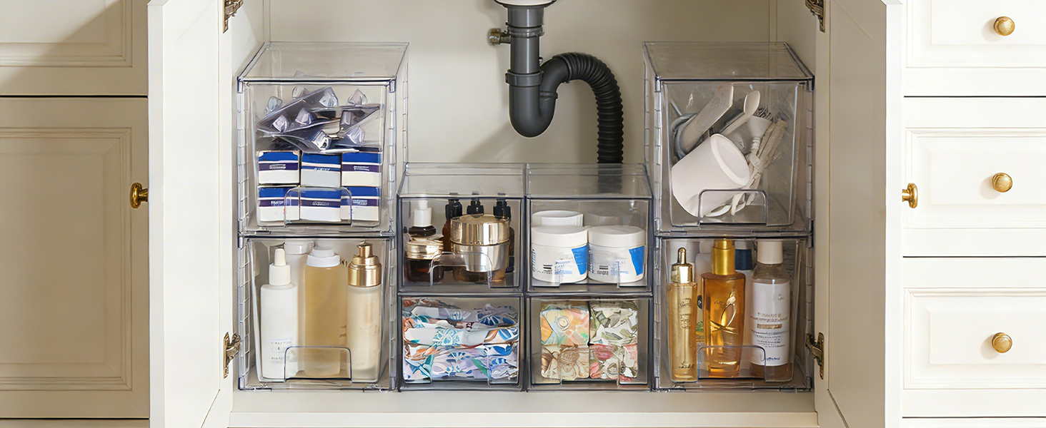 Vtopmart 4 Pack Large Stackable Storage Drawers,Easily Assemble Acrylic Bathroom Closet Undersink Organizers and Storage,Plastic Bins for Kitchen Cabinets,Pantry,Makeup,Medicine Organization detail 1