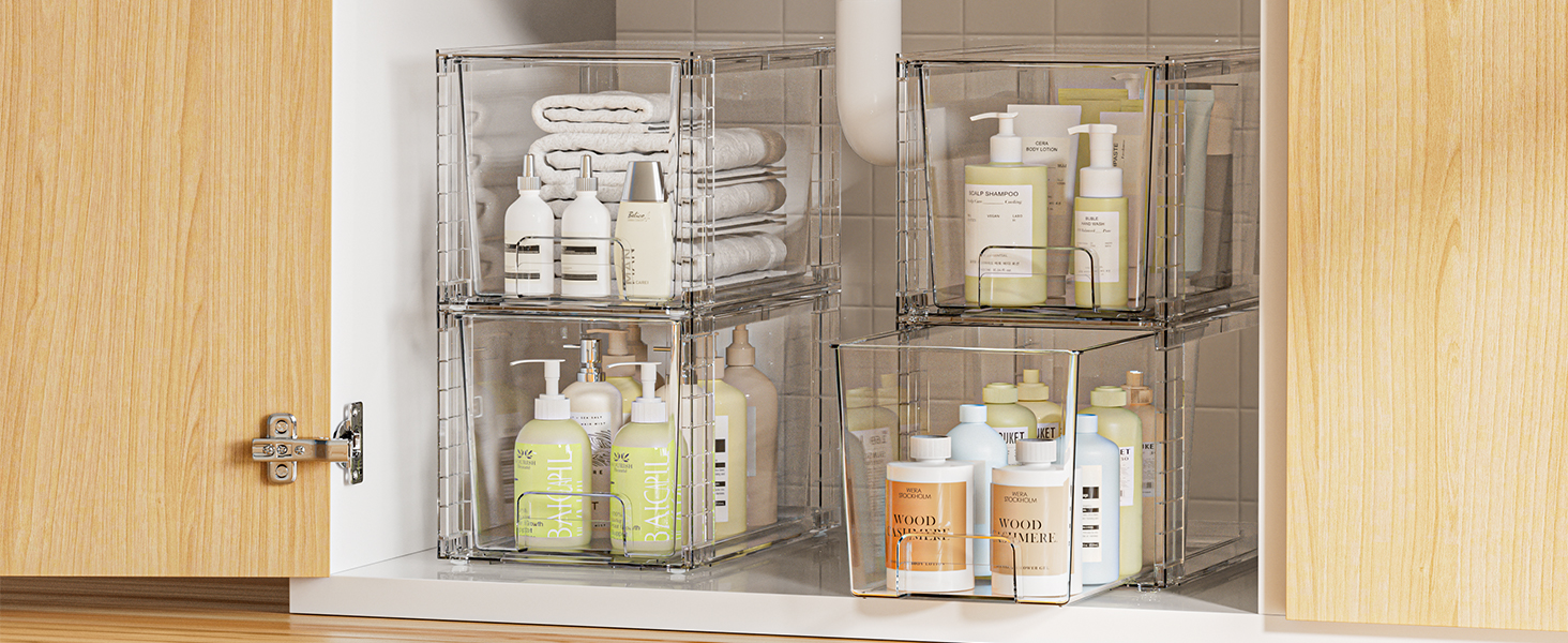 Vtopmart 4 Pack Large Stackable Storage Drawers,Easily Assemble Acrylic Bathroom Closet Undersink Organizers and Storage,Plastic Bins for Kitchen Cabinets,Pantry,Makeup,Medicine Organization detail 3