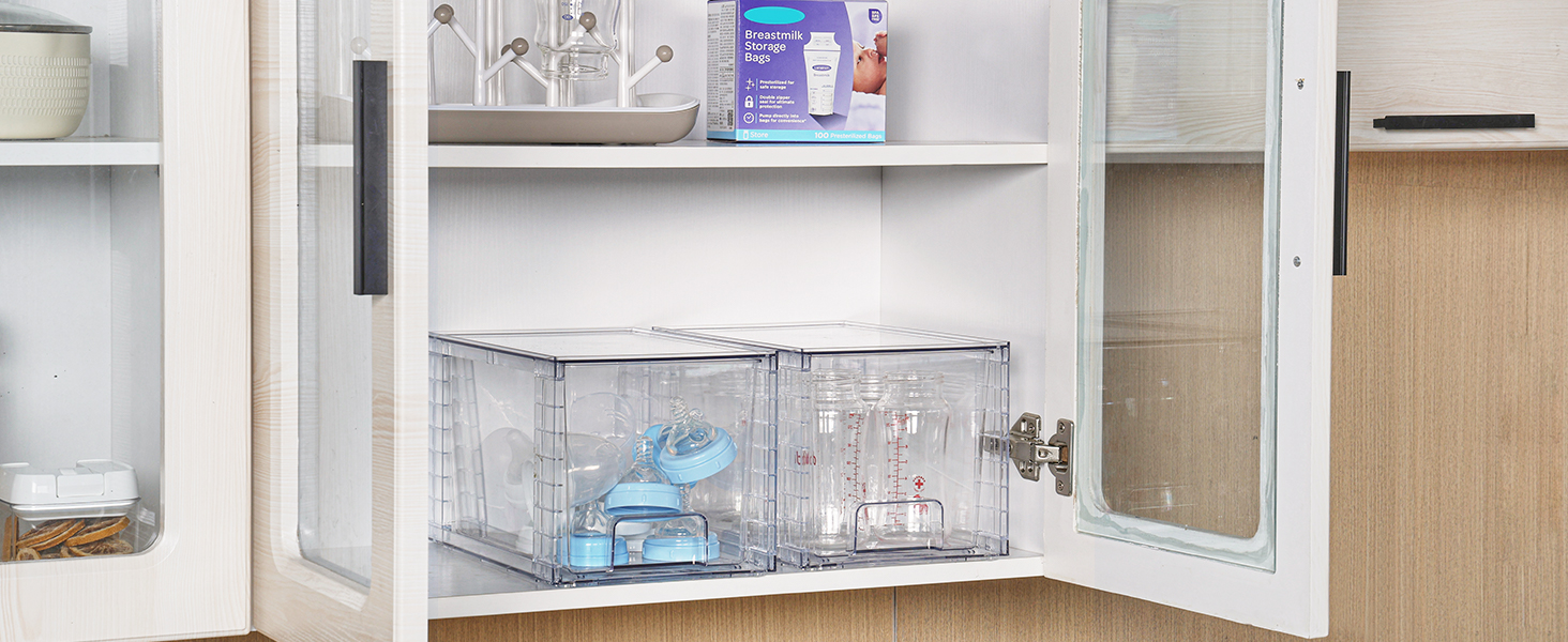 Vtopmart 4 Pack Large Stackable Storage Drawers,Easily Assemble Acrylic Bathroom Closet Undersink Organizers and Storage,Plastic Bins for Kitchen Cabinets,Pantry,Makeup,Medicine Organization detail 4