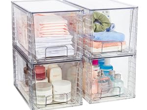 Vtopmart 4 Pack Large Stackable Storage Drawers,Easily Assemble Acrylic Bathroom Closet Undersink Organizers and Storage,Plastic Bins for Kitchen Cabinets,Pantry,Makeup,Medicine Organization detail 12