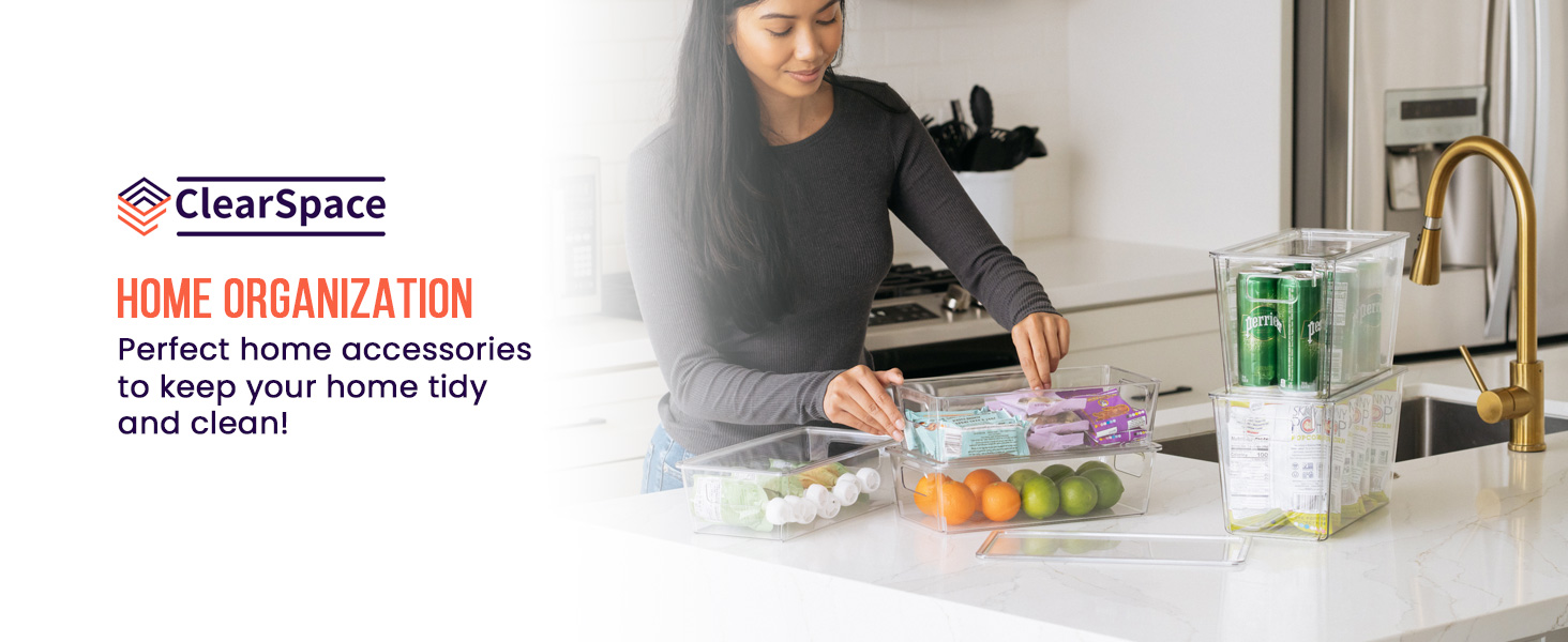 ClearSpace Modern Plastic Storage Bins with Lids - Perfect Kitchen Organization or Pantry Fridge Organizer, 4 Pack, 12.5" x 6" x 7", 9L Capacity Each, BPA Free, Stackable detail 1