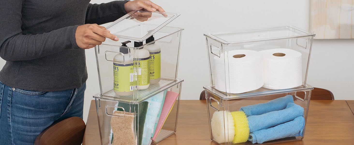 ClearSpace Modern Plastic Storage Bins with Lids - Perfect Kitchen Organization or Pantry Fridge Organizer, 4 Pack, 12.5" x 6" x 7", 9L Capacity Each, BPA Free, Stackable detail 2