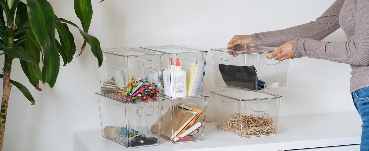 ClearSpace Modern Plastic Storage Bins with Lids - Perfect Kitchen Organization or Pantry Fridge Organizer, 4 Pack, 12.5" x 6" x 7", 9L Capacity Each, BPA Free, Stackable detail 3