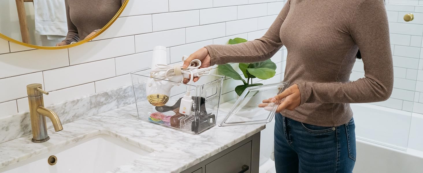 ClearSpace Modern Plastic Storage Bins with Lids - Perfect Kitchen Organization or Pantry Fridge Organizer, 4 Pack, 12.5" x 6" x 7", 9L Capacity Each, BPA Free, Stackable detail 4