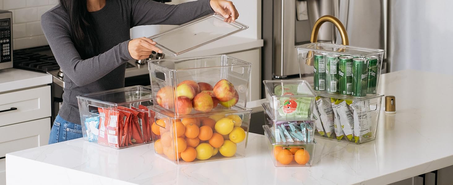 ClearSpace Modern Plastic Storage Bins with Lids - Perfect Kitchen Organization or Pantry Fridge Organizer, 4 Pack, 12.5" x 6" x 7", 9L Capacity Each, BPA Free, Stackable detail 5