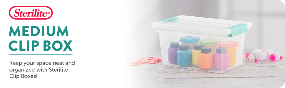 Sterilite Medium Clip Box, Stackable Small Storage Bin with Latching Lid, Plastic Container to Organize Office, Crafts, Clear Base and Lid, 4-Pack detail 1