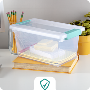 Sterilite Medium Clip Box, Stackable Small Storage Bin with Latching Lid, Plastic Container to Organize Office, Crafts, Clear Base and Lid, 4-Pack detail 3