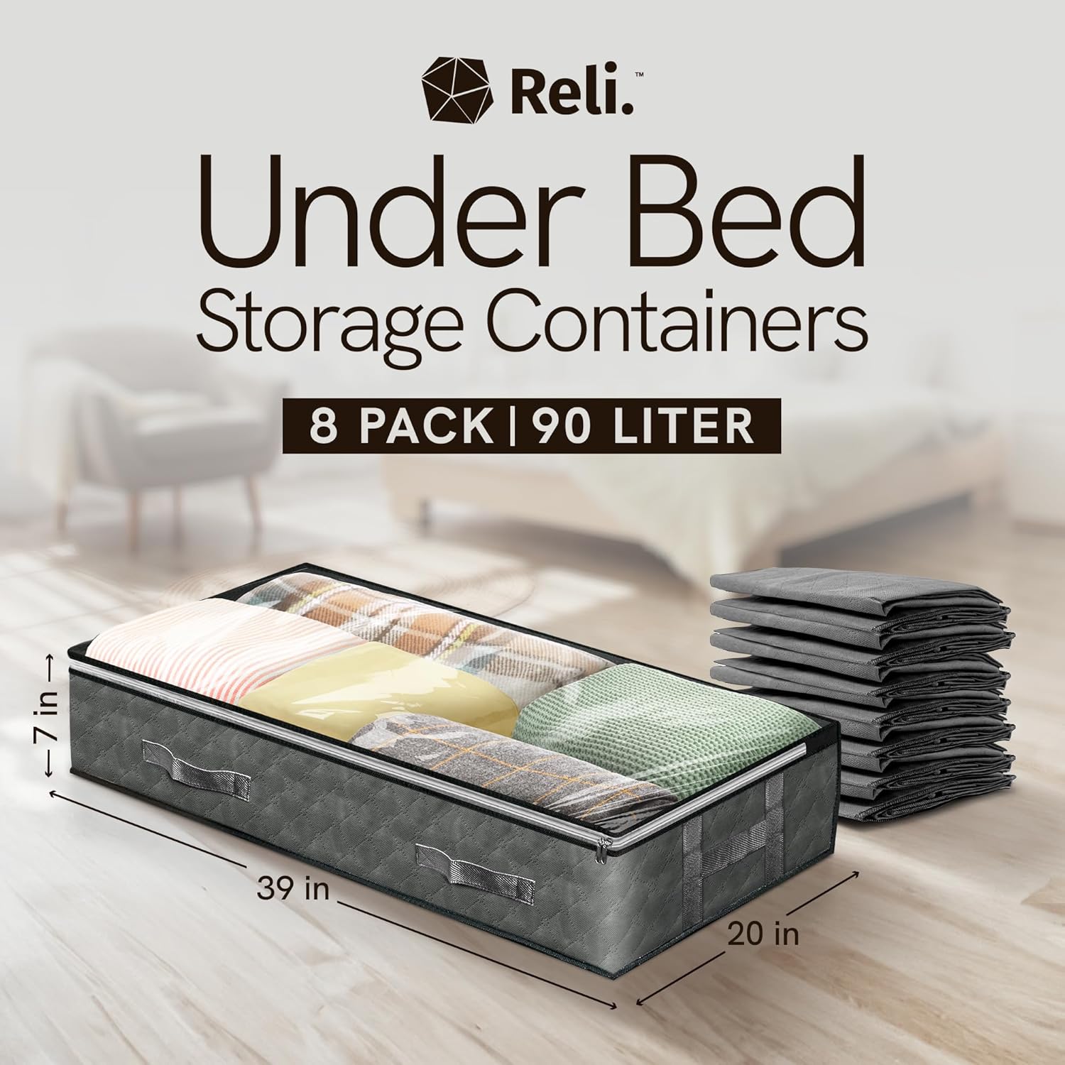 Reli. 90L Under Bed Storage Containers (8 Pack) | Closet Organizer with Clear Window | Underbed Storage Bins for Towels, Sweaters, Linens | Large Organizer for Closet (Gray) detail 9